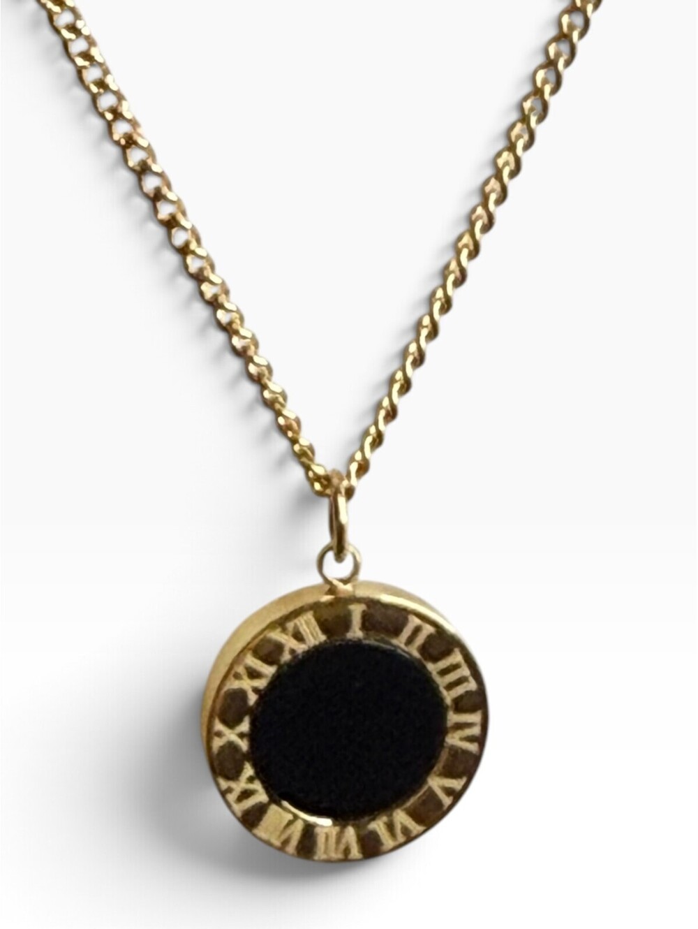 Gold Tone Stainless Steel Black Roman Numeral Round Pendant Necklace